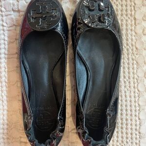 Tory Burch Black Leather Flats with Medallion Logo